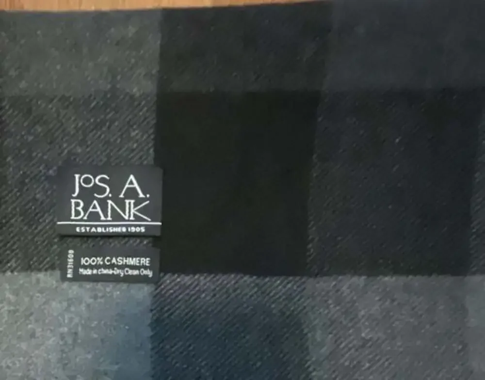 Jos. A. Bank Black and Gray Plaid 100% Cashmere Winter Scarf with Fringe
